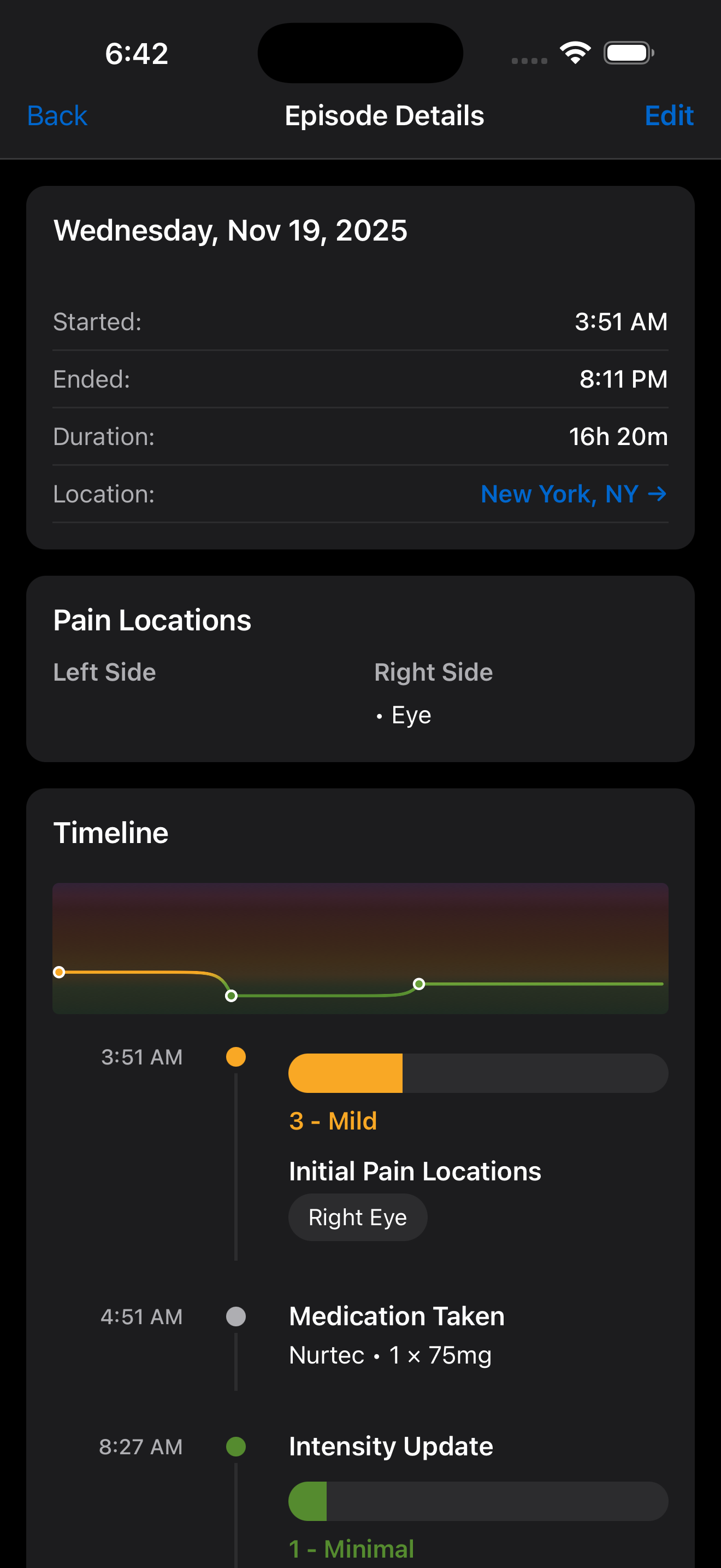 MigraLog episode details screen showing timeline and location tracking